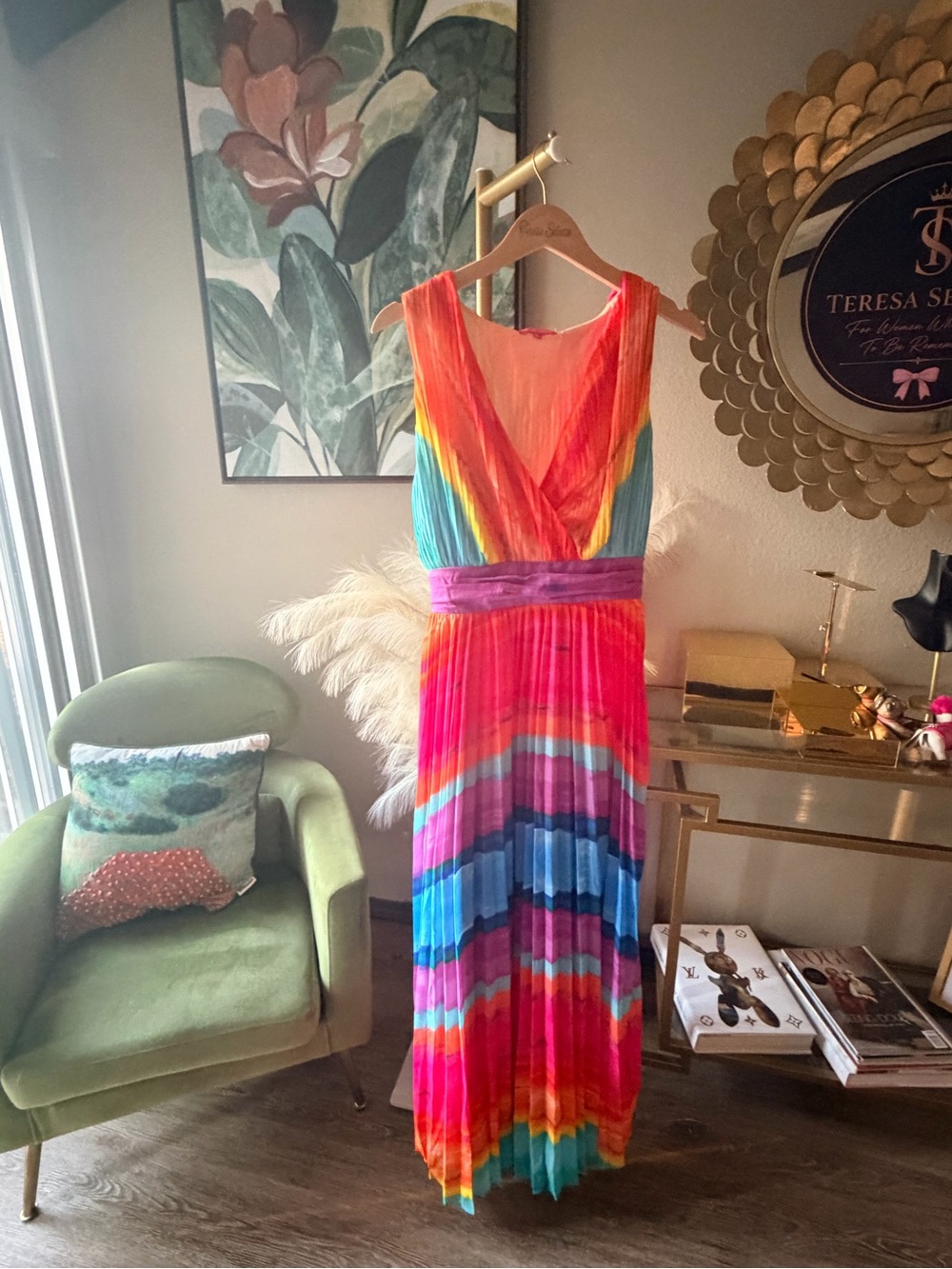 Flying Tomato Rainbow Pleated Maxi Dress Sleeveless V Neck Size L Colorful - Picture 3 of 10